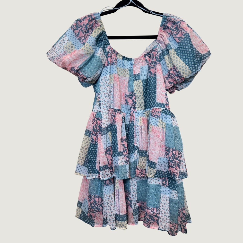 Simply Southern Patchwork Dress L Blue Pink Tiered Puff Sleeve Cottagecore